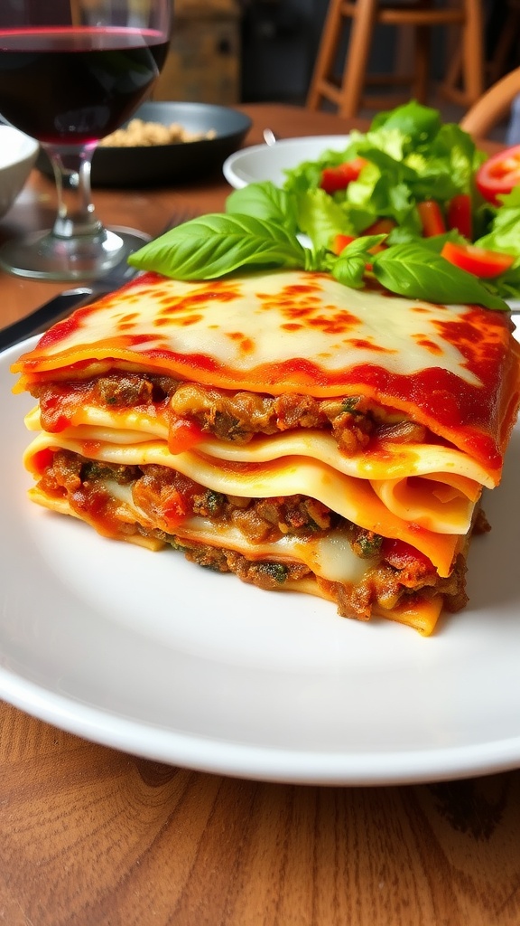 Layered lasagna with meat sauce and cheese on a white plate, garnished with basil, with a rustic table setting.